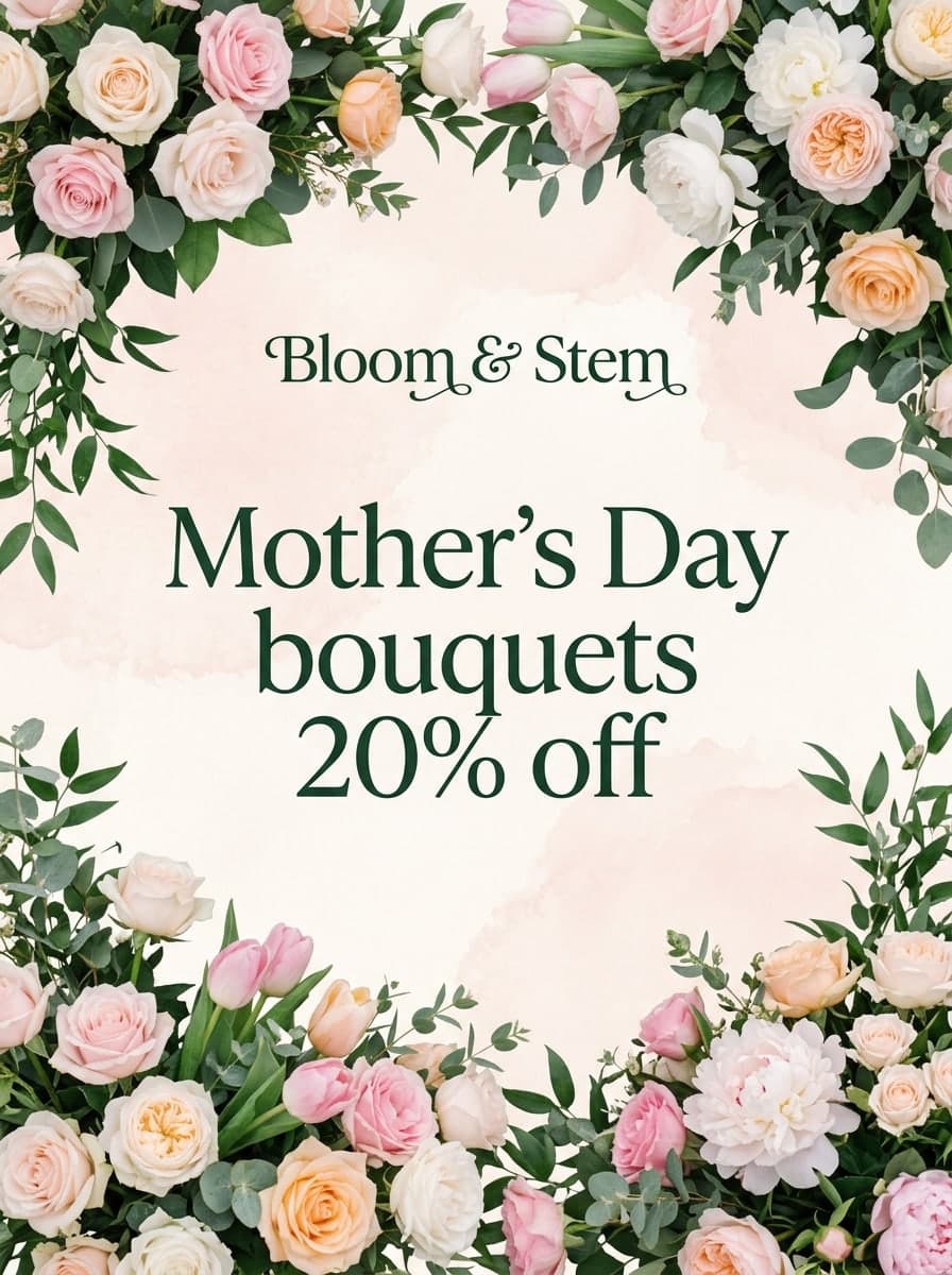 Flower shop promotion: “Bloom & Stem” · “Mother's Day bouquets 20% off”
