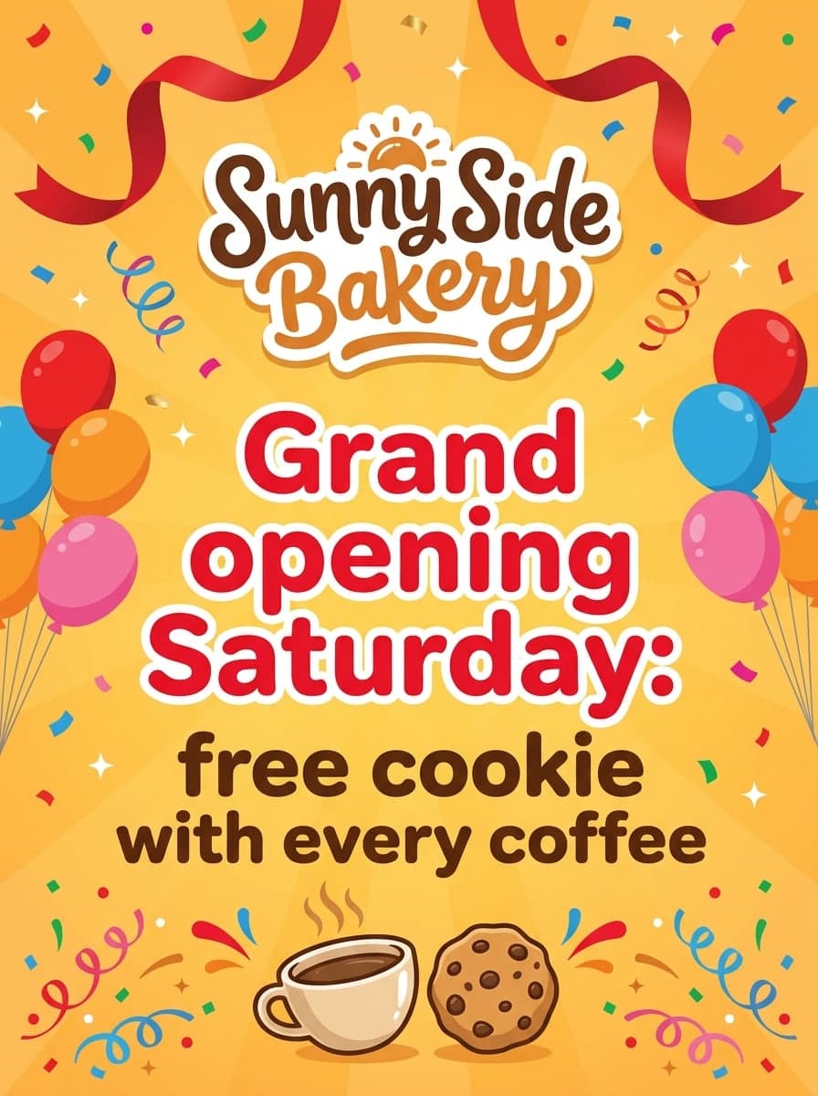 Grand opening: “Sunny Side Bakery” · “Grand opening Saturday: free cookie with every coffee”