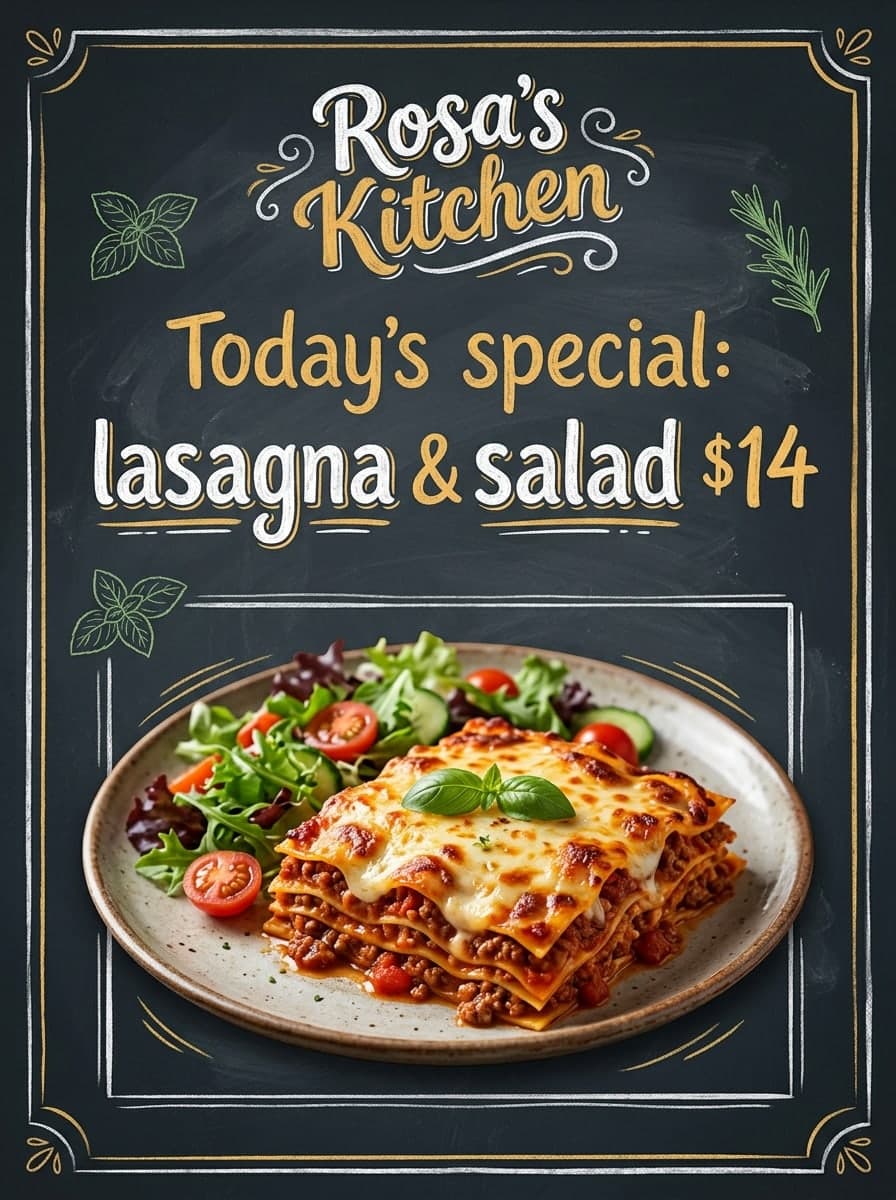 Restaurant menu board: “Rosa's Kitchen” · “Today's special: lasagna & salad $14”