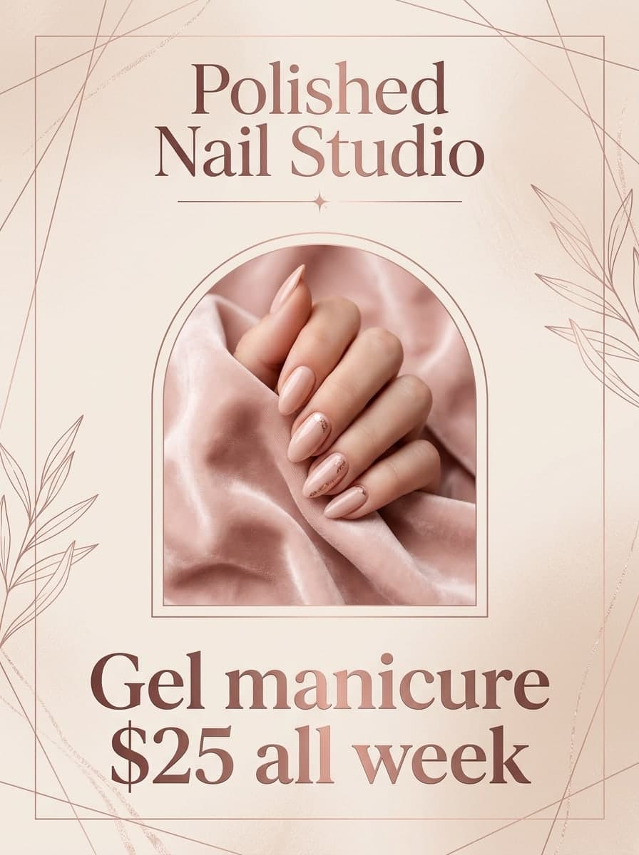 Nail and hair salon: “Polished Nail Studio” · “Gel manicure $25 all week”