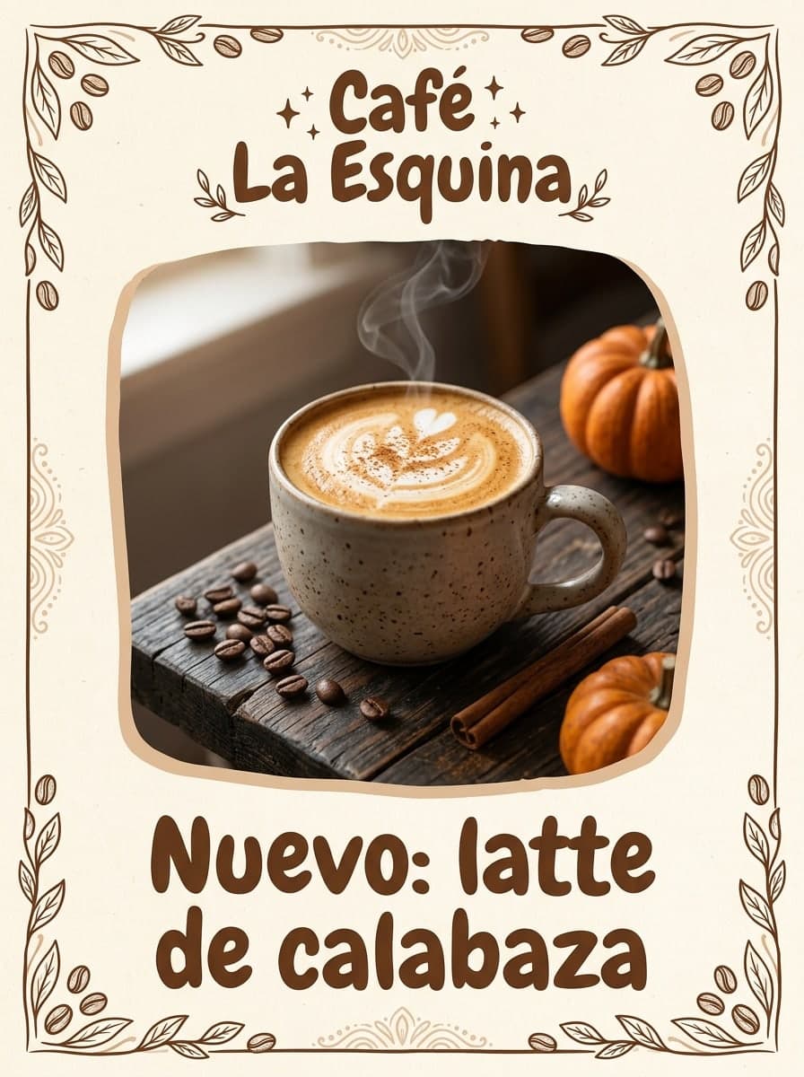 Novedad de cafetería: «Café La Esquina» · «Nuevo: latte de calabaza»