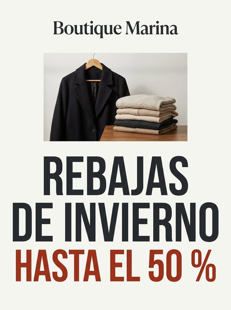 Rebajas de tienda de ropa: «Boutique Marina» · «Rebajas de invierno hasta el 50 %»