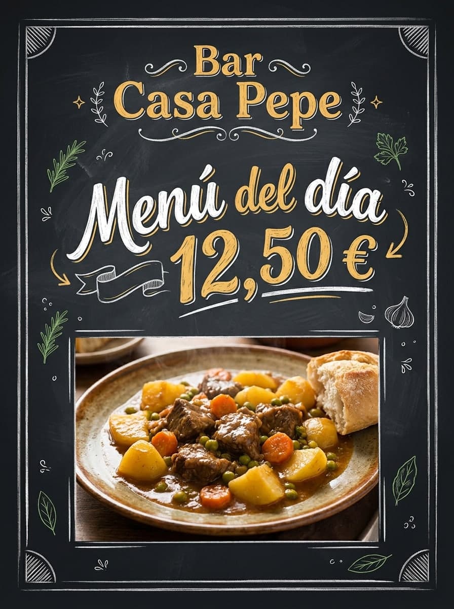 Pizarra de restaurante: «Bar Casa Pepe» · «Menú del día 12,50 €»