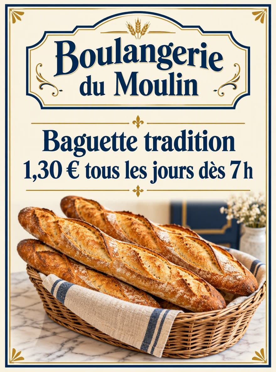 Boulangerie: « Boulangerie du Moulin » · « Baguette tradition 1,30 € tous les jours dès 7 h »