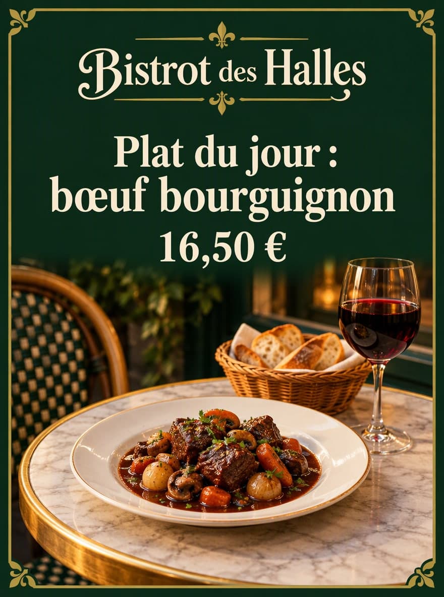 Bistrot: « Bistrot des Halles » · « Plat du jour : bœuf bourguignon 16,50 € »