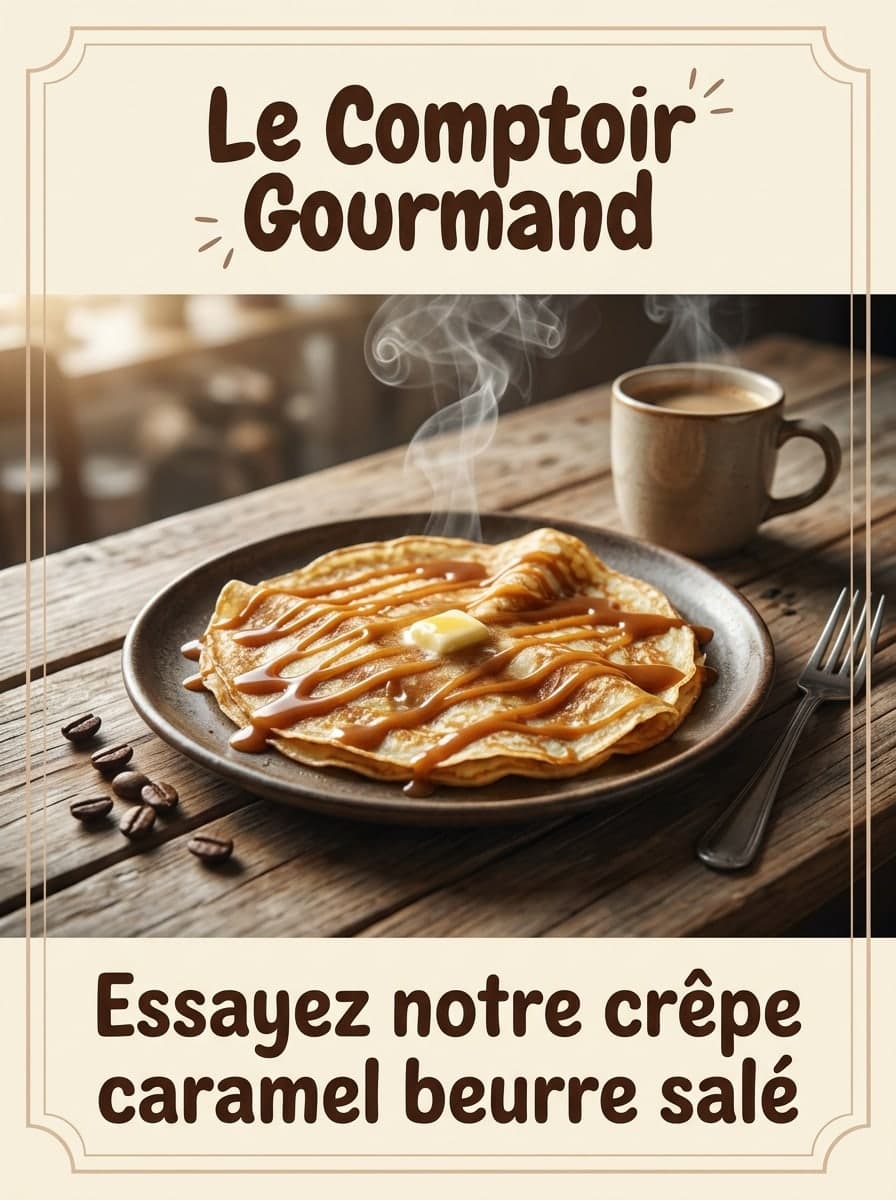 Nouveauté au café: « Le Comptoir Gourmand » · « Essayez notre crêpe caramel beurre salé »