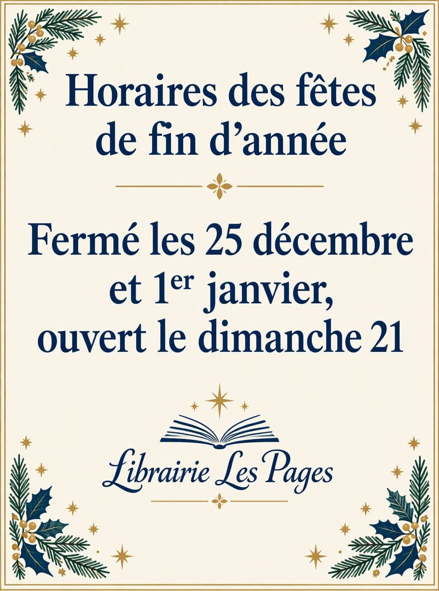 Horaires des fêtes: « Librairie Les Pages » · « Fermé les 25 décembre et 1er janvier, ouvert le dimanche 21 »