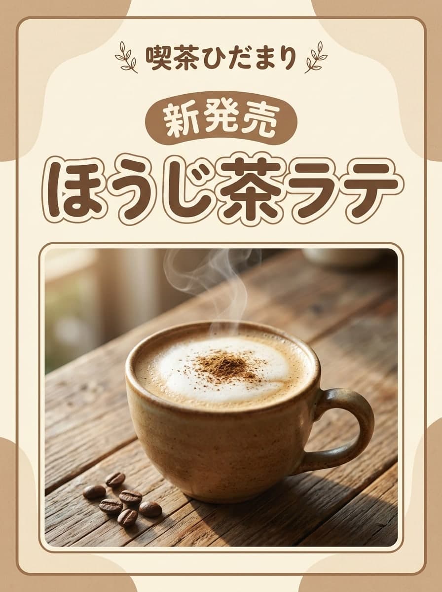 カフェの新メニュー: 「喫茶ひだまり」 · 「新発売 ほうじ茶ラテ」