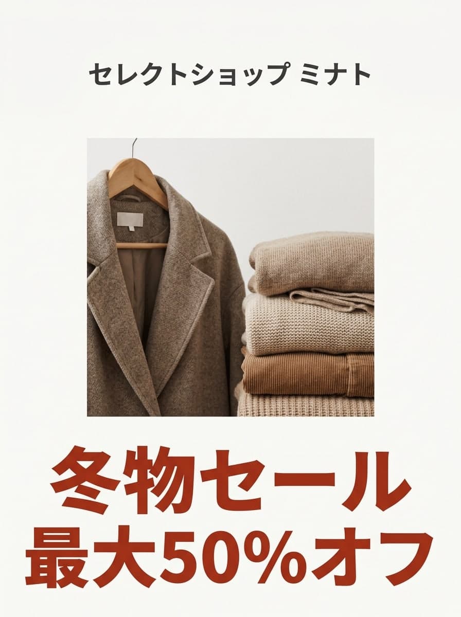 アパレルのセール: 「セレクトショップ ミナト」 · 「冬物セール 最大50%オフ」