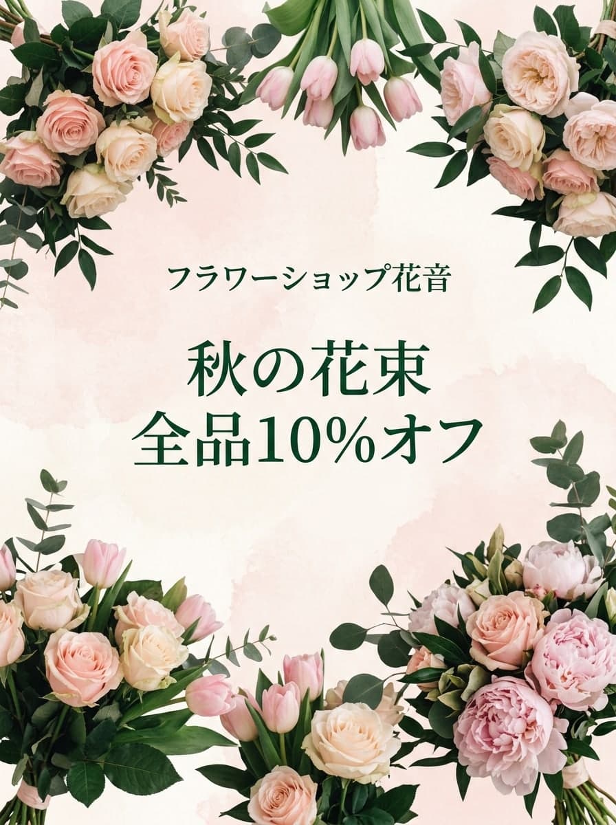 花屋のキャンペーン: 「フラワーショップ花音」 · 「秋の花束 全品10%オフ」