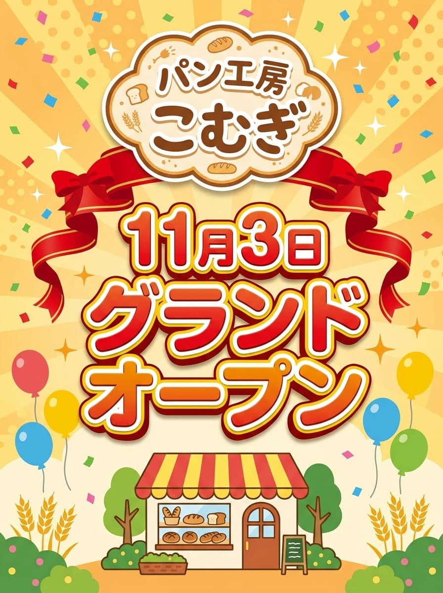 オープン告知: 「パン工房こむぎ」 · 「11月3日 グランドオープン」