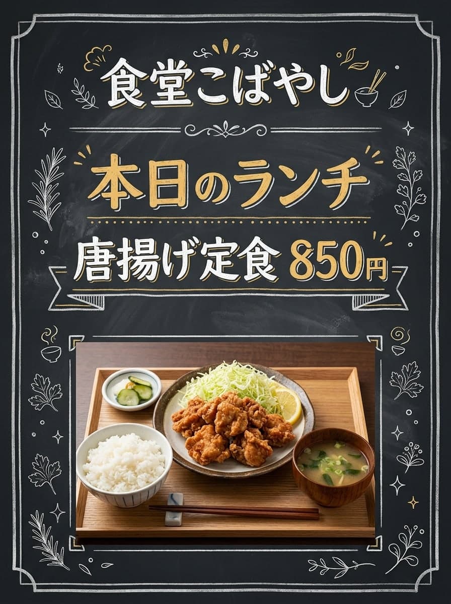 飲食店メニューボード: 「食堂こばやし」 · 「本日のランチ 唐揚げ定食 850円」