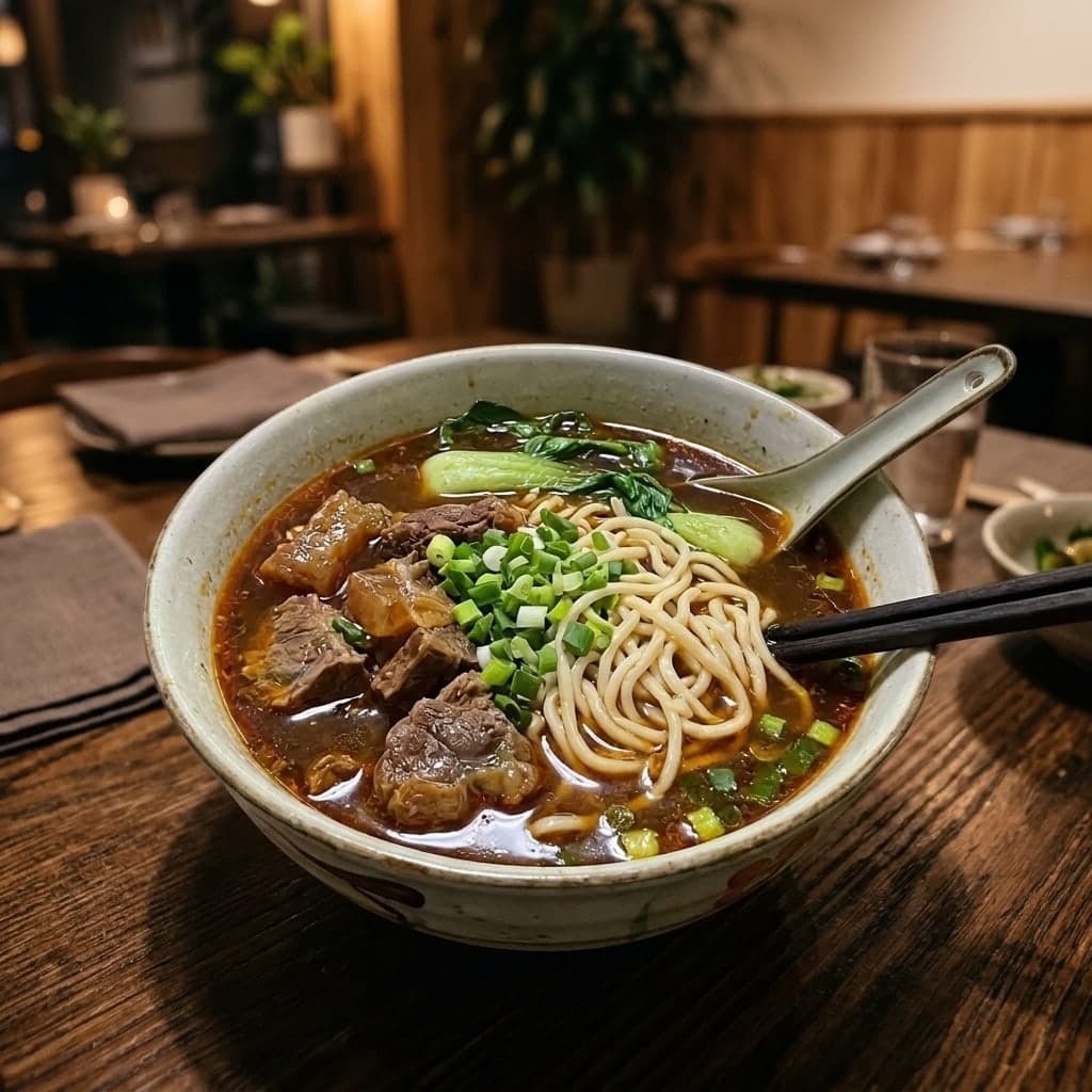 Beef noodle soup, restaurant ambiance