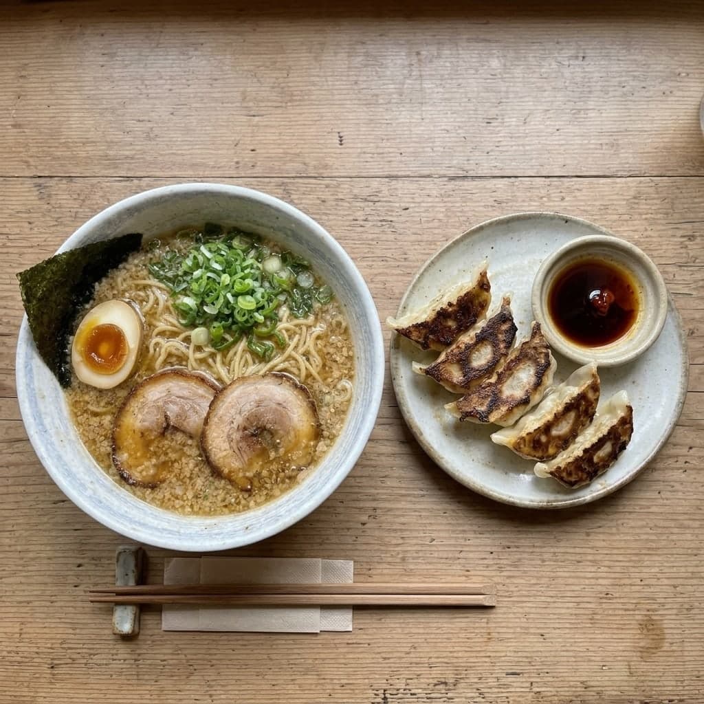 Ramen, overhead table spread
