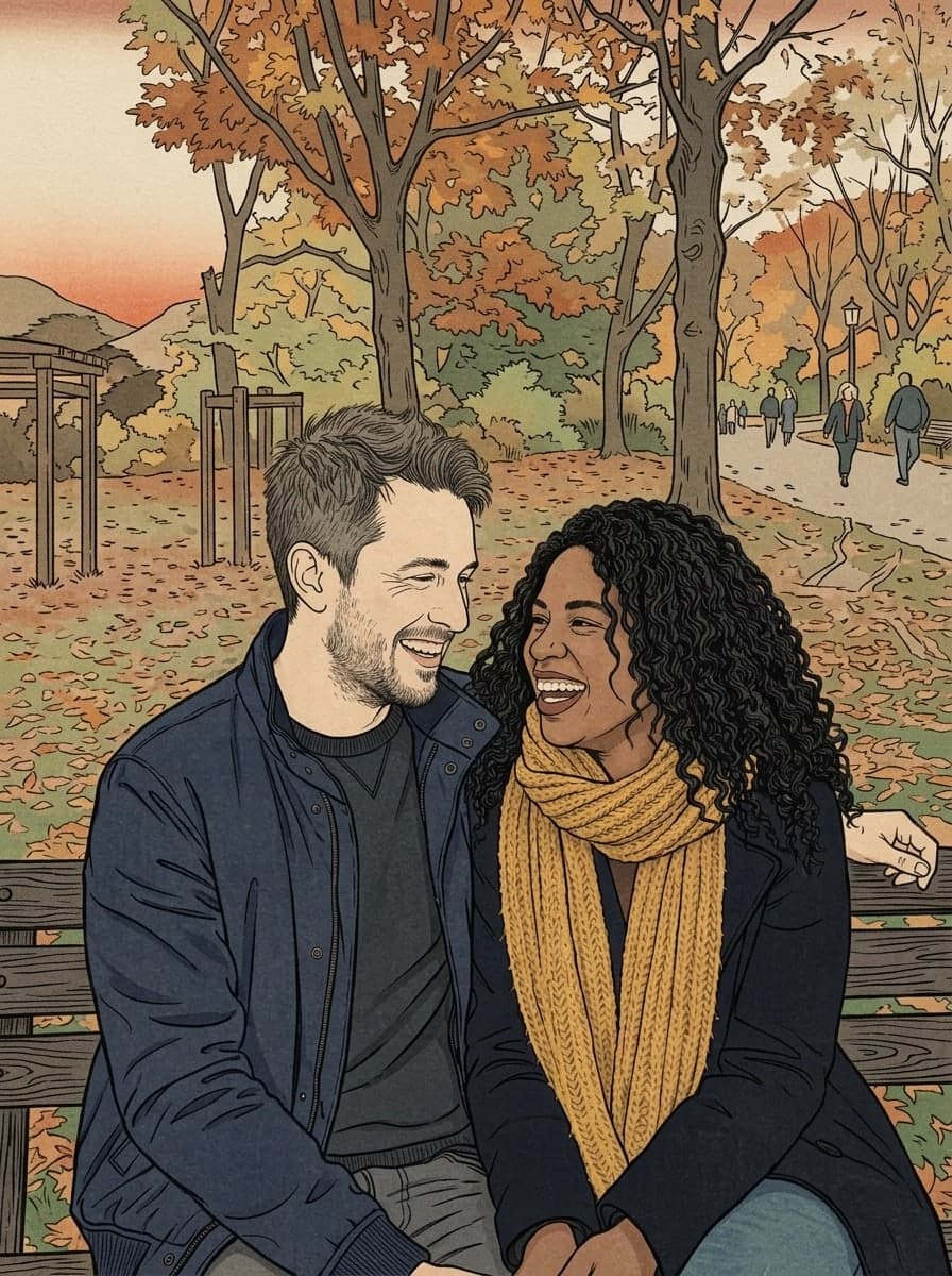 Autumn park couple as a ukiyo-e print