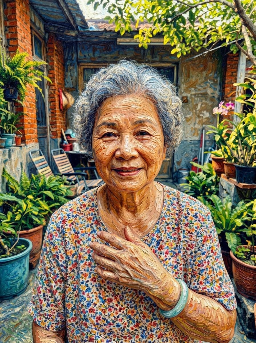 Grandmother in her courtyard, painted like Van Gogh