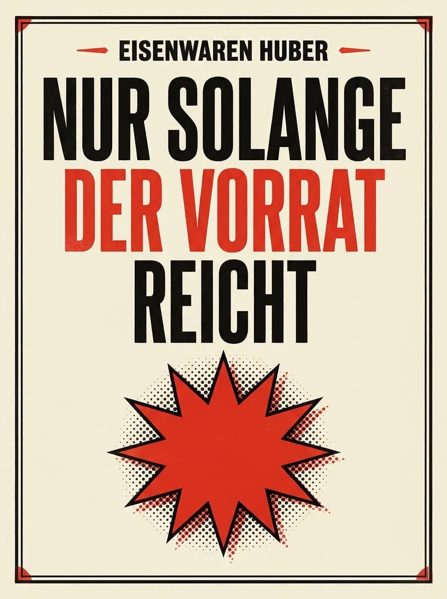 Schaufenster-Schild: „Eisenwaren Huber“ · „Nur solange der Vorrat reicht“
