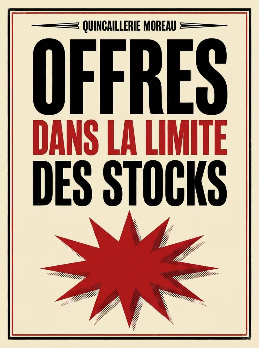Affiche vitrine: « Quincaillerie Moreau » · « Offres dans la limite des stocks »