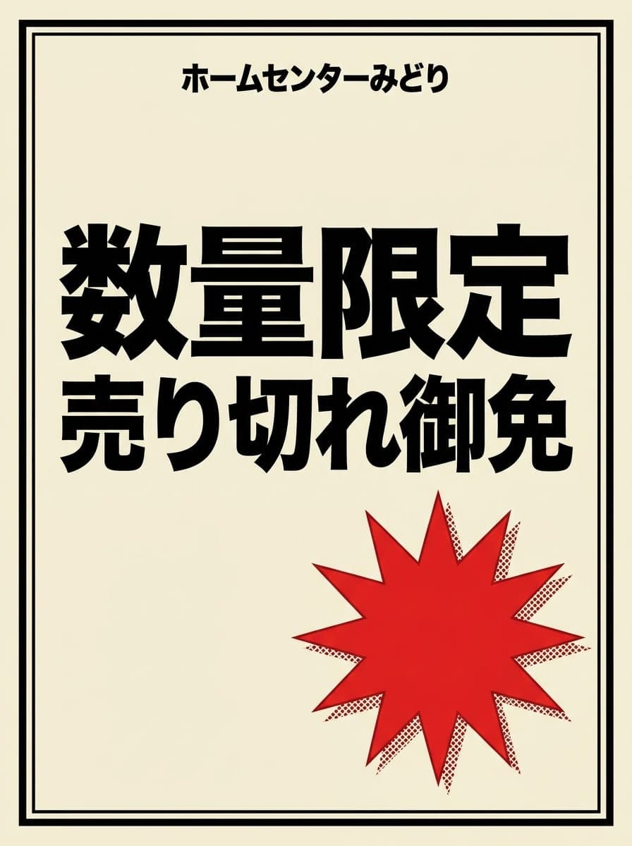 店頭ウィンドウ: 「ホームセンターみどり」 · 「数量限定 売り切れ御免」