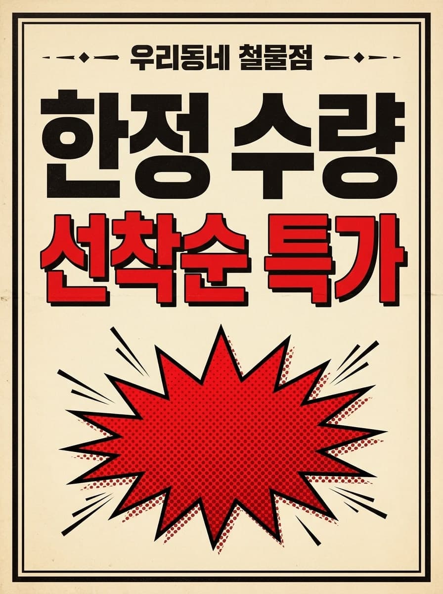 매장 유리창 사인: “우리동네 철물점” · “한정 수량 선착순 특가”