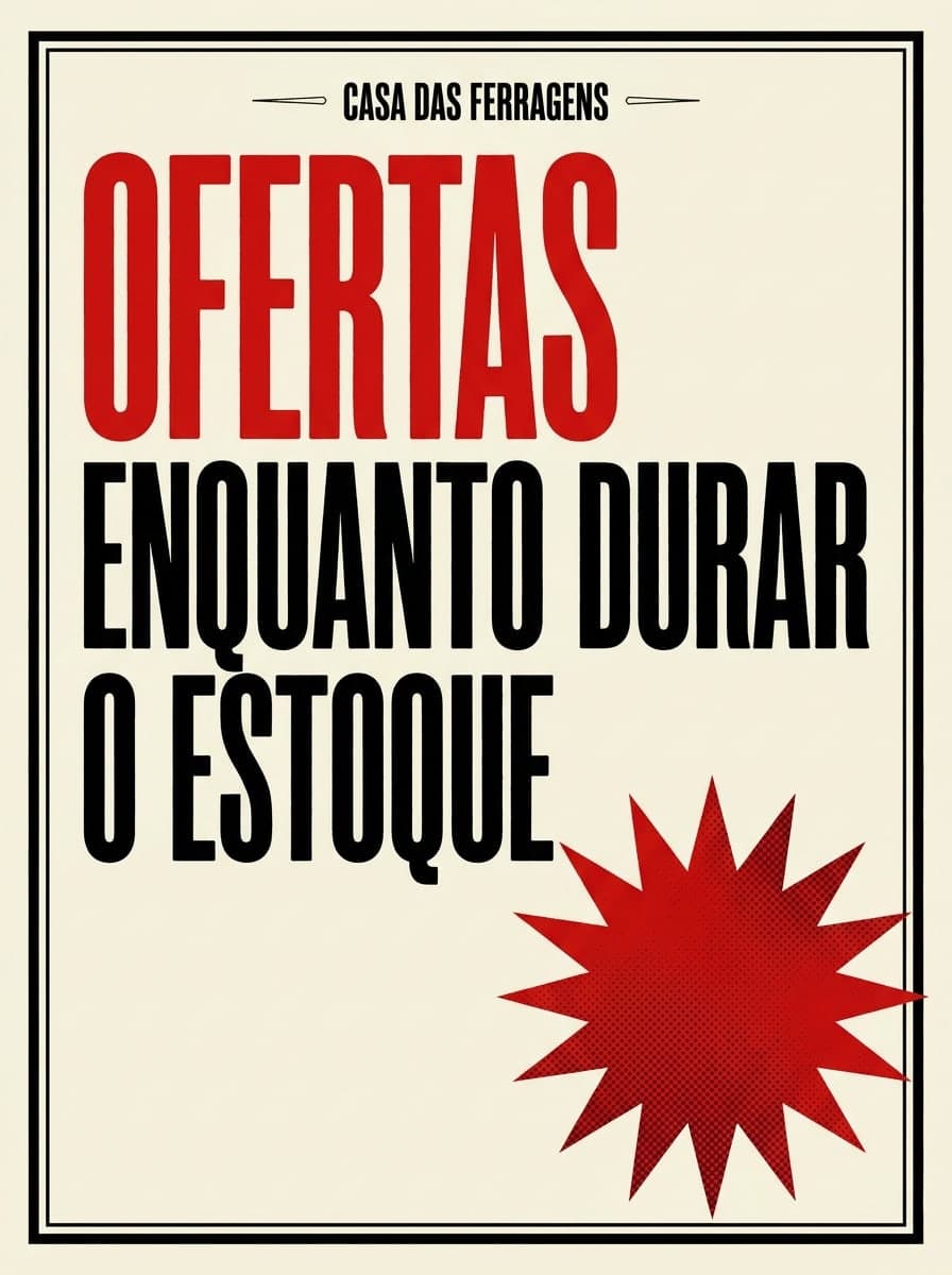 Placa de vitrine: “Casa das Ferragens” · “Ofertas enquanto durar o estoque”