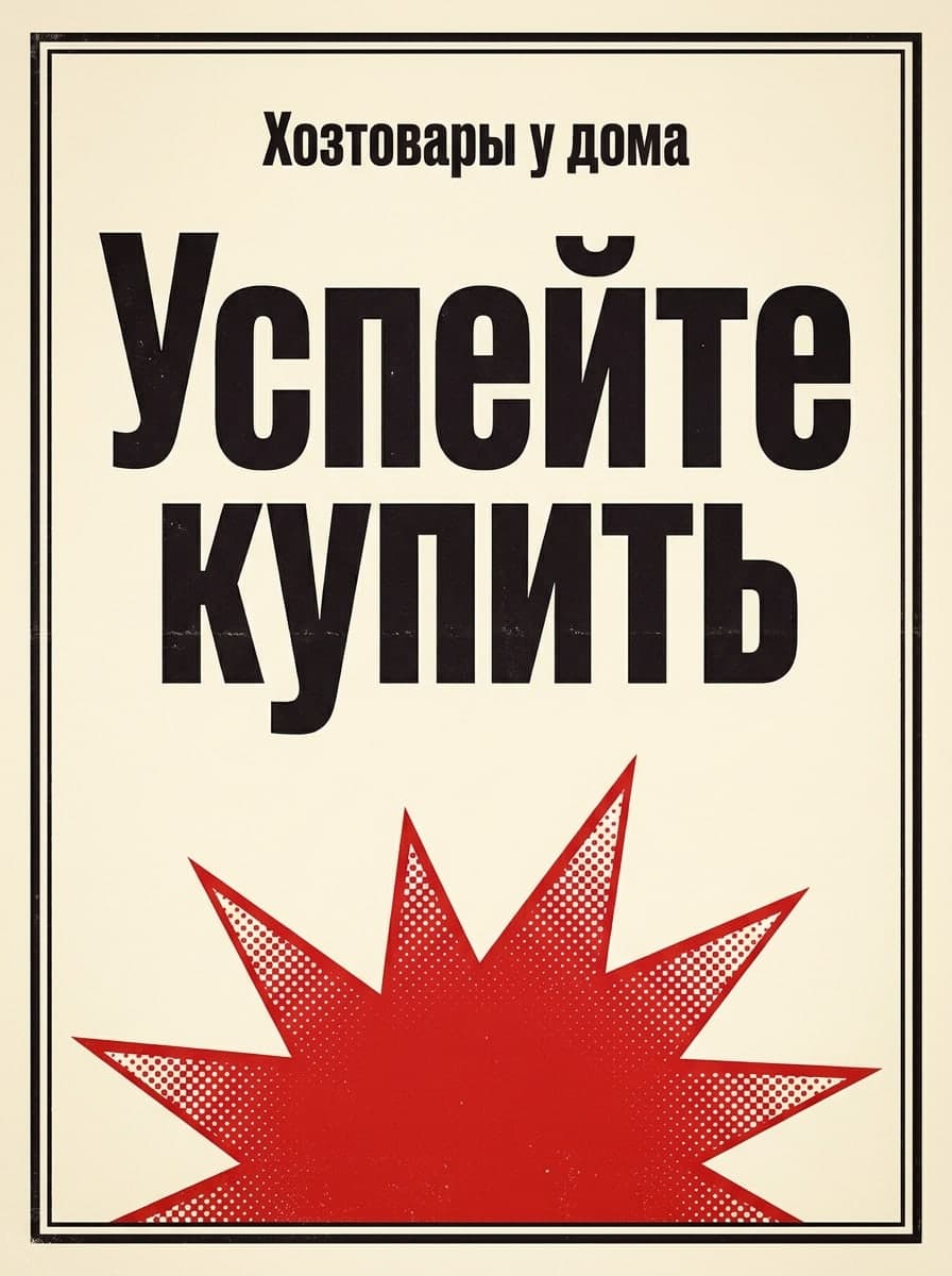 Вывеска в витрине: “Хозтовары у дома” · “Успейте купить”
