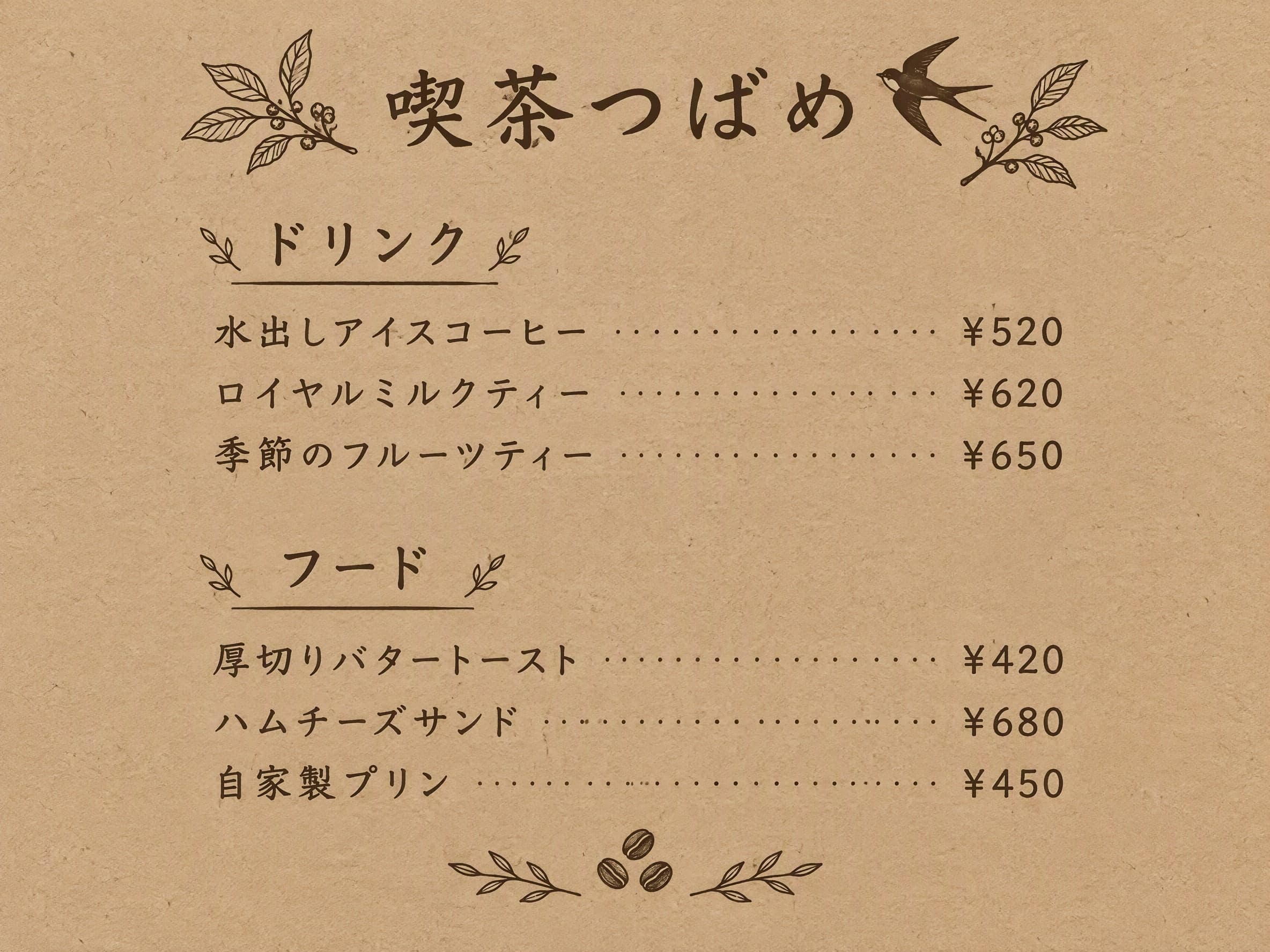クラフト紙: 喫茶つばめ · ドリンク: 水出しアイスコーヒー ¥520 · ロイヤルミルクティー ¥620 · 季節のフルーツティー ¥650 | フード: 厚切りバタートースト ¥420 · ハムチーズサンド ¥680 · 自家製プリン ¥450