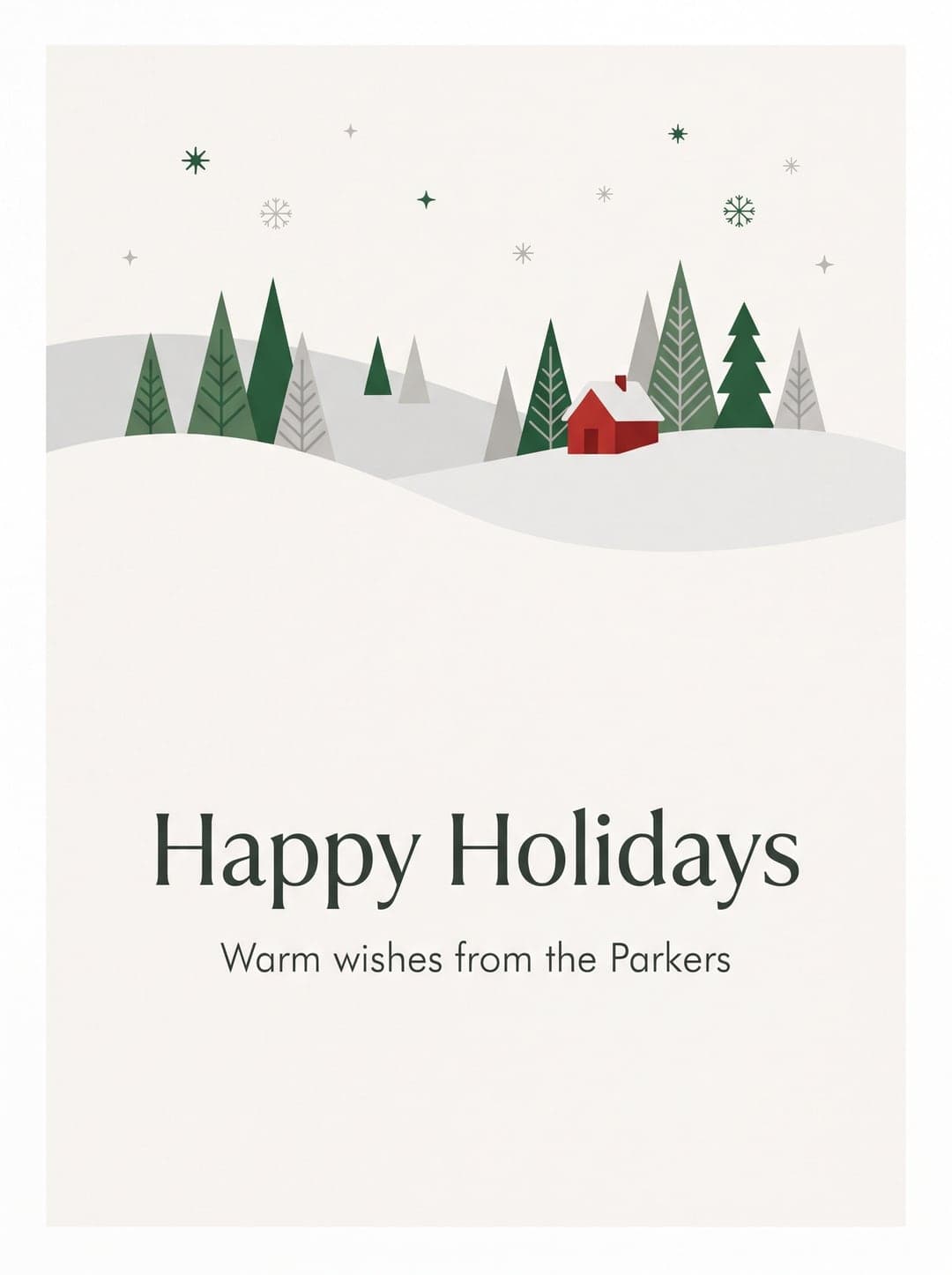 Sans photo, nordique minimaliste: « Happy Holidays » · « Warm wishes from the Parkers »
