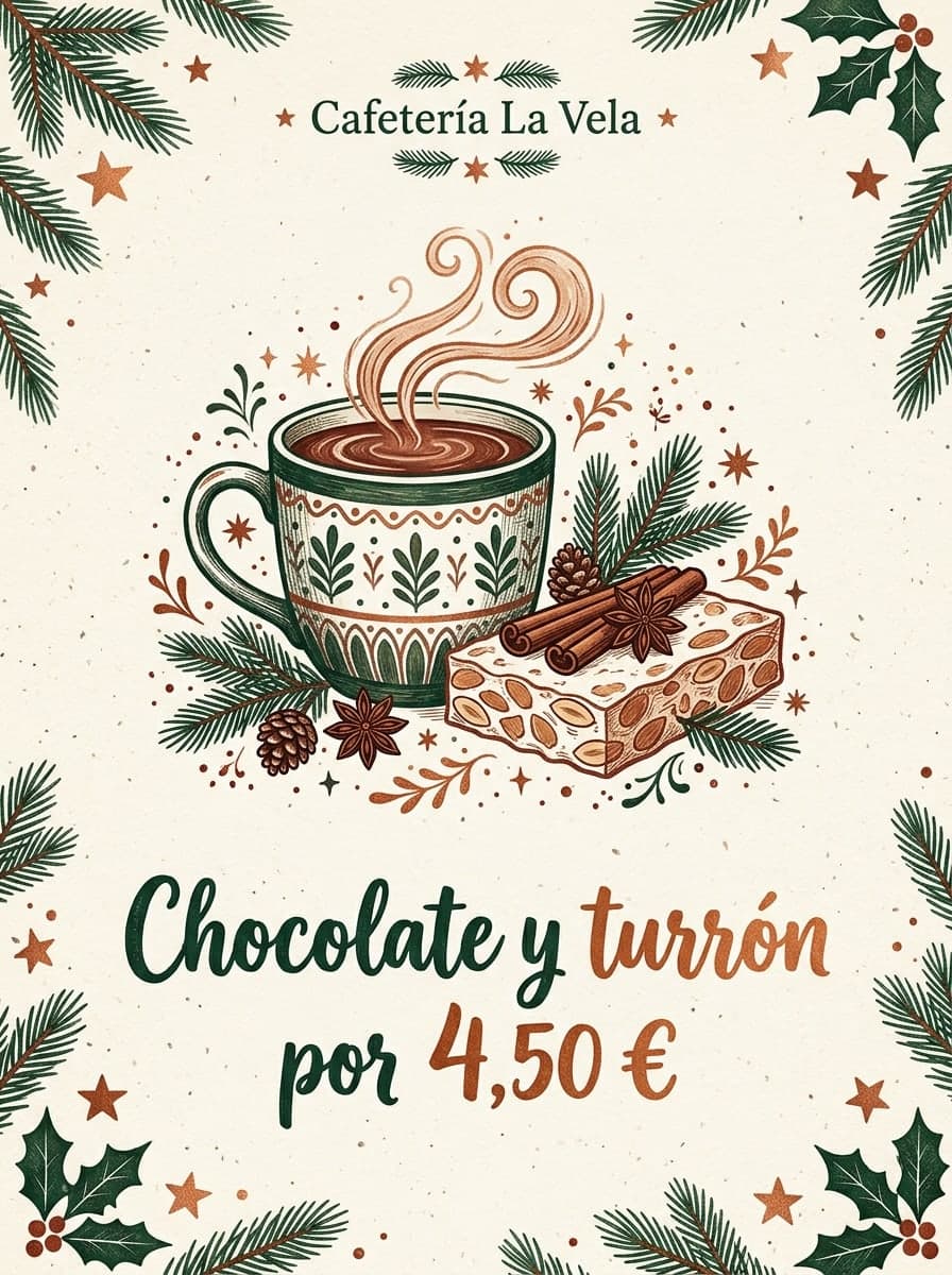 Especial de cafetería: «Cafetería La Vela» · «Chocolate y turrón por 4,50 €»