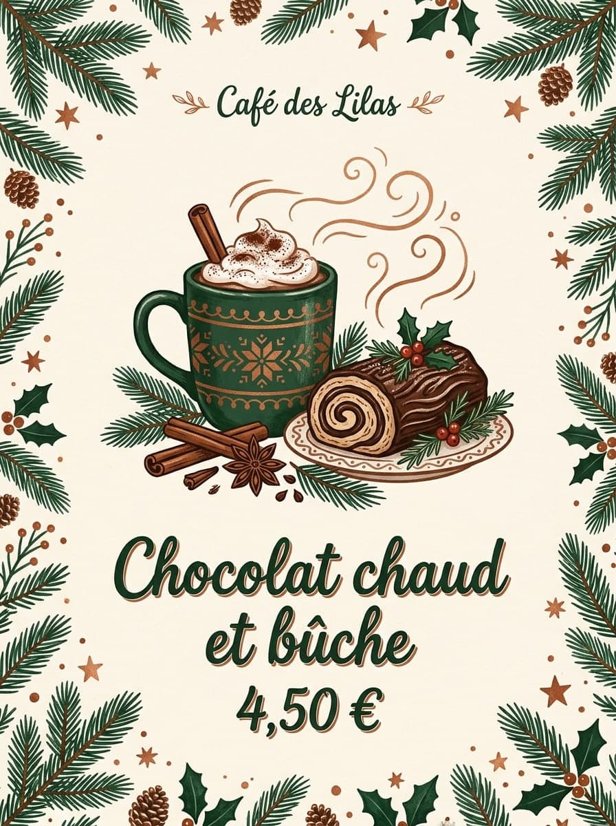 Spécialité du café: « Café des Lilas » · « Chocolat chaud et bûche 4,50 € »