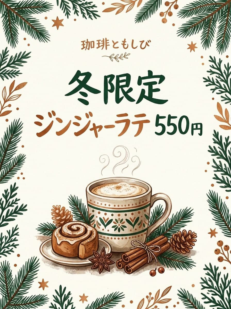 カフェの冬限定メニュー: 「珈琲ともしび」 · 「冬限定 ジンジャーラテ 550円」