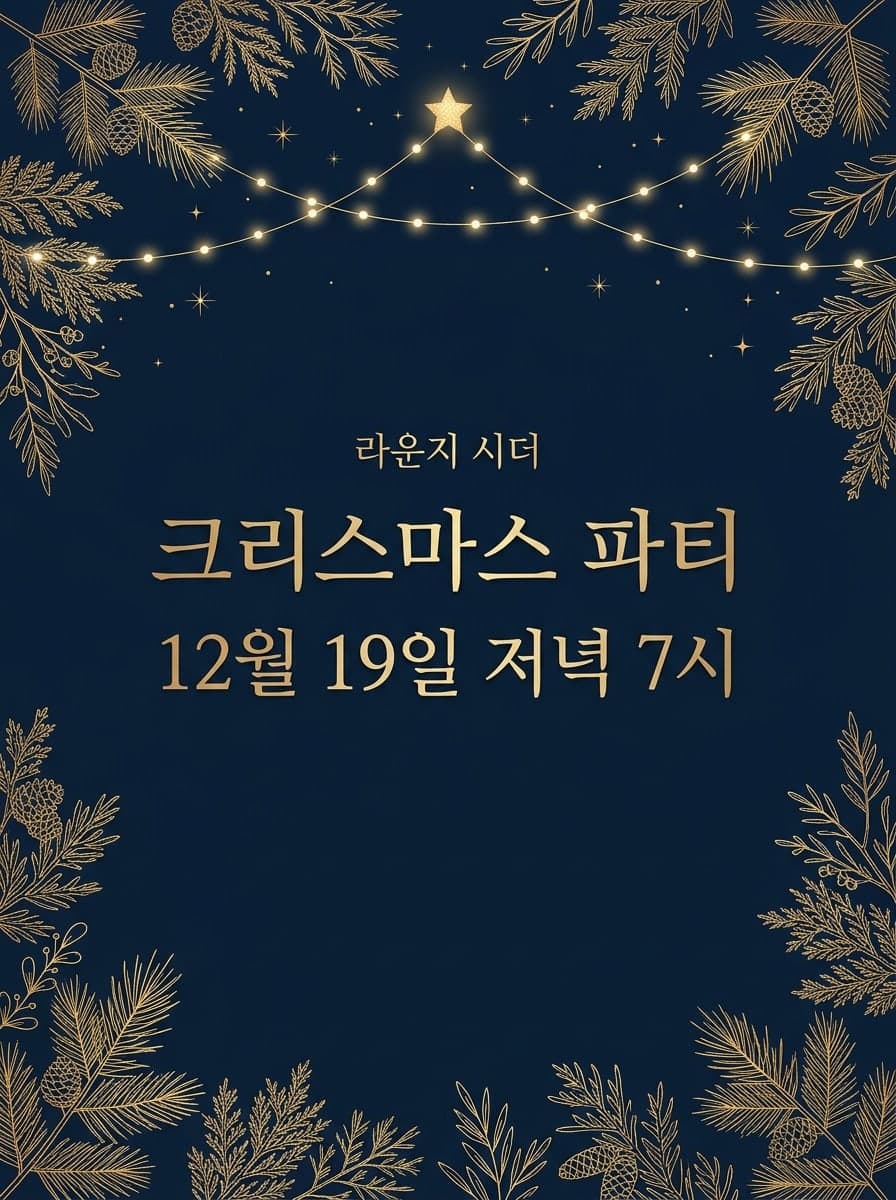파티 초대장: “라운지 시더” · “크리스마스 파티 12월 19일 저녁 7시”