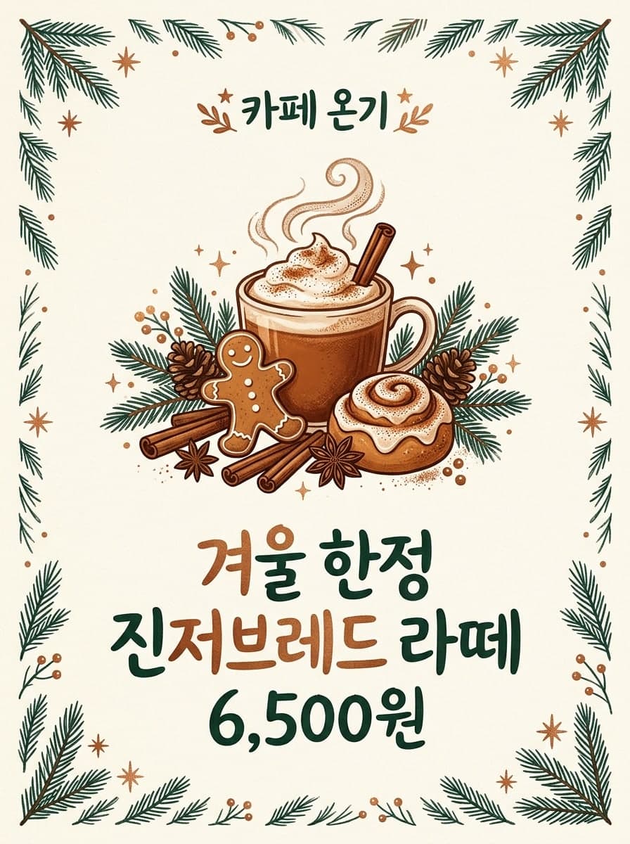 카페 겨울 한정 메뉴: “카페 온기” · “겨울 한정 진저브레드 라떼 6,500원”
