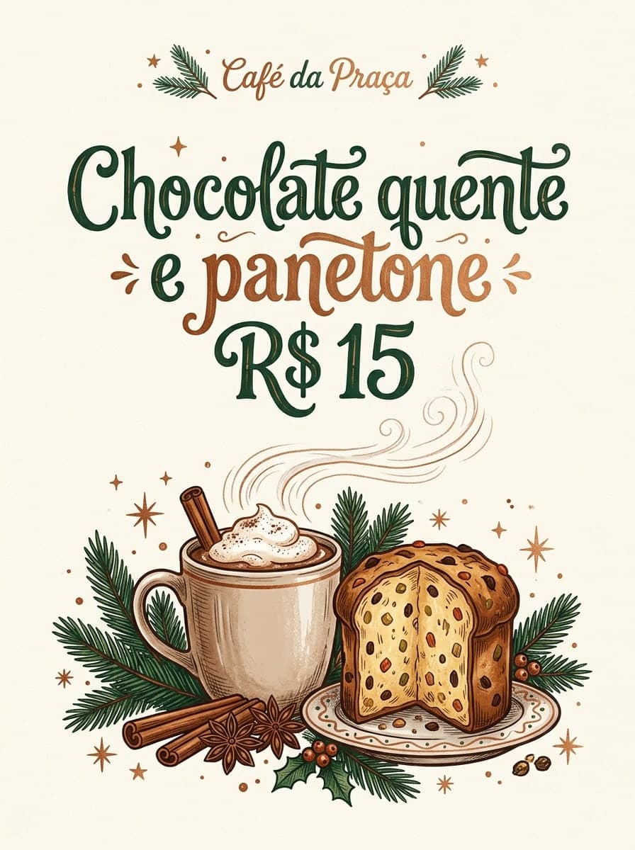 Especial da cafeteria: “Café da Praça” · “Chocolate quente e panetone R$ 15”