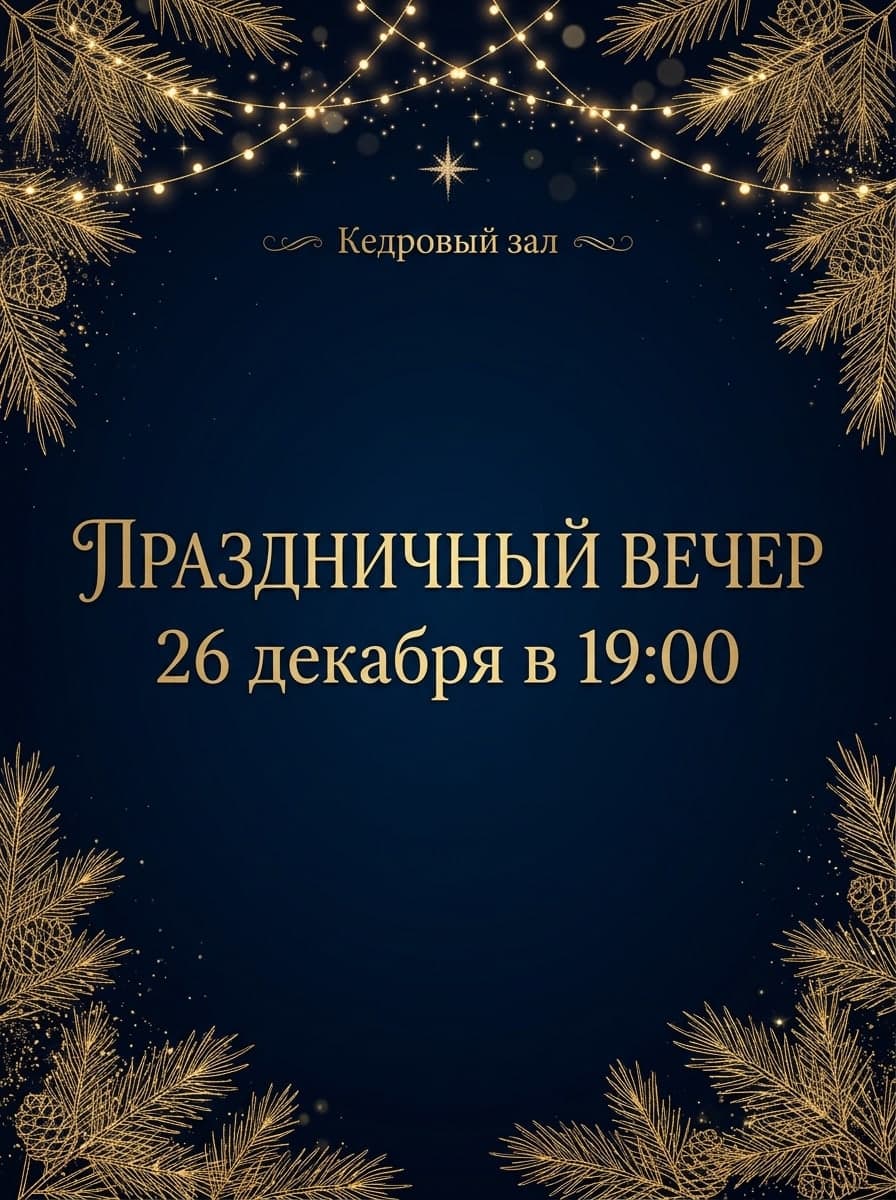 Приглашение на праздник: “Кедровый зал” · “Праздничный вечер 26 декабря в 19:00”
