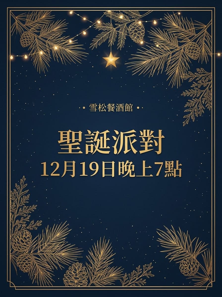 派對邀請卡: “雪松餐酒館” · “聖誕派對 12月19日晚上7點”