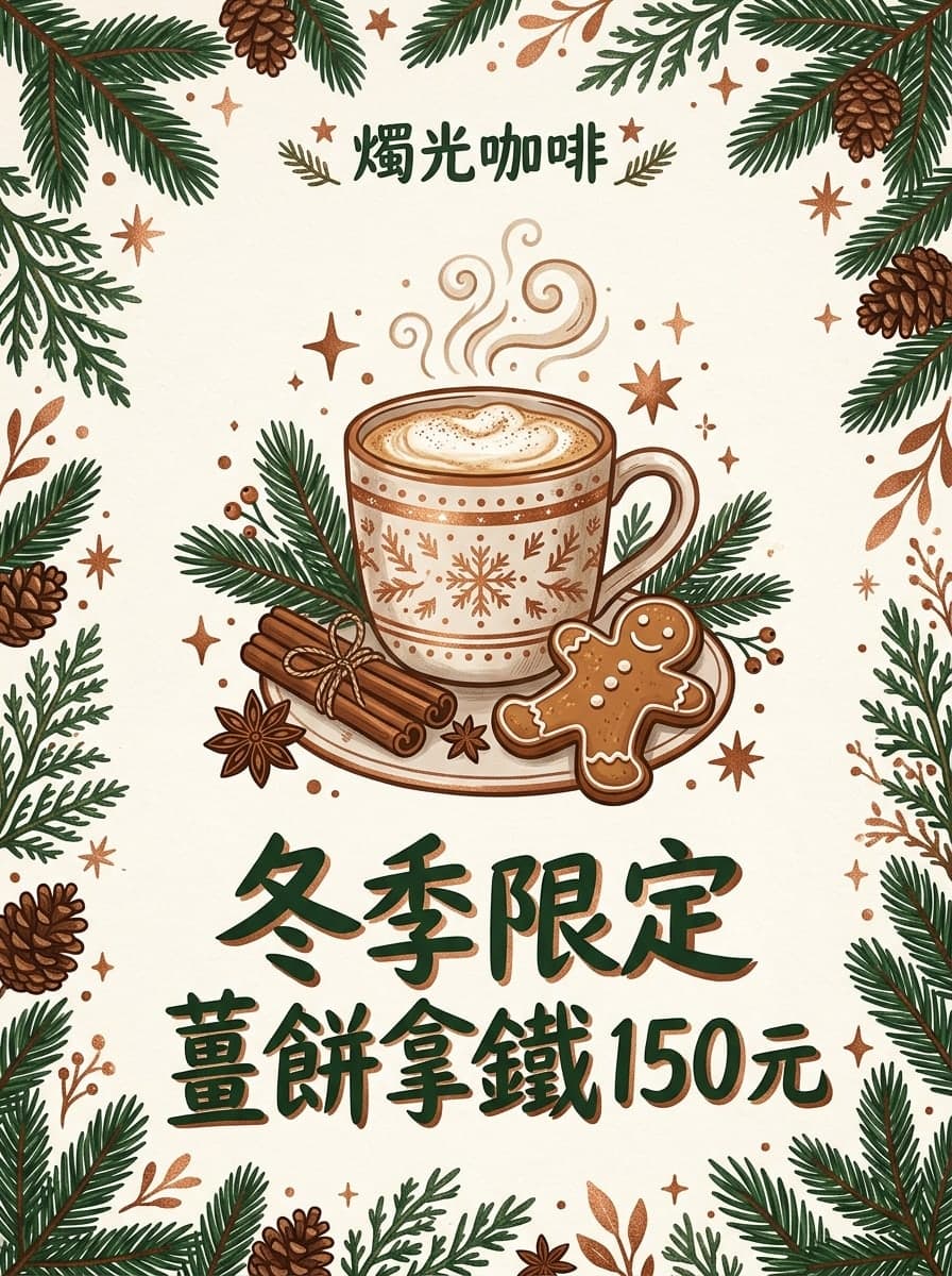 咖啡館冬季限定: “燭光咖啡” · “冬季限定 薑餅拿鐵150元”