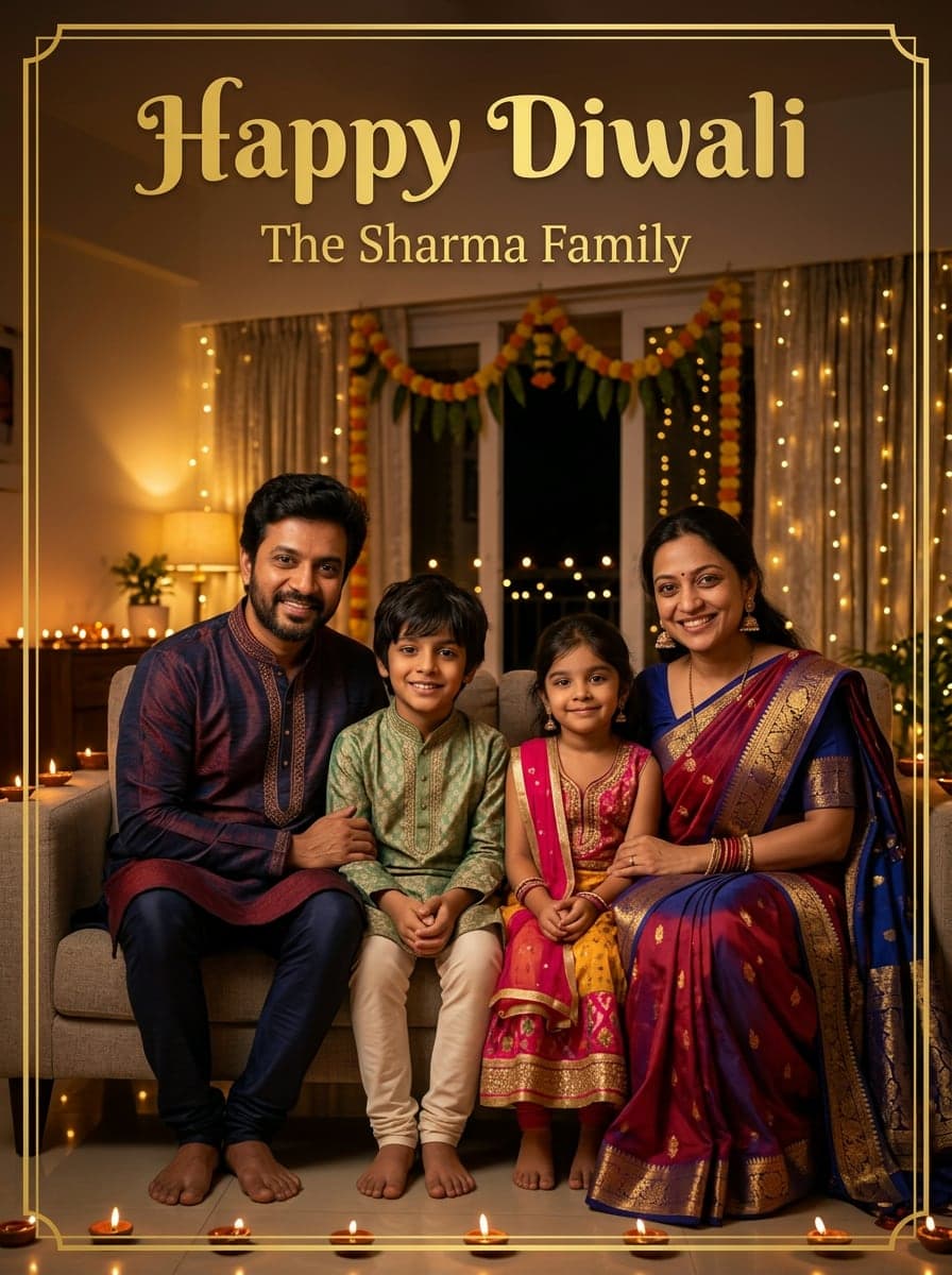 Family of four at home with diyas