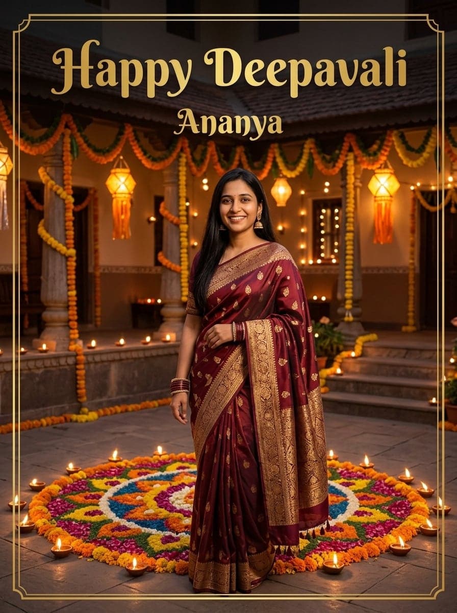 Same woman, rangoli courtyard