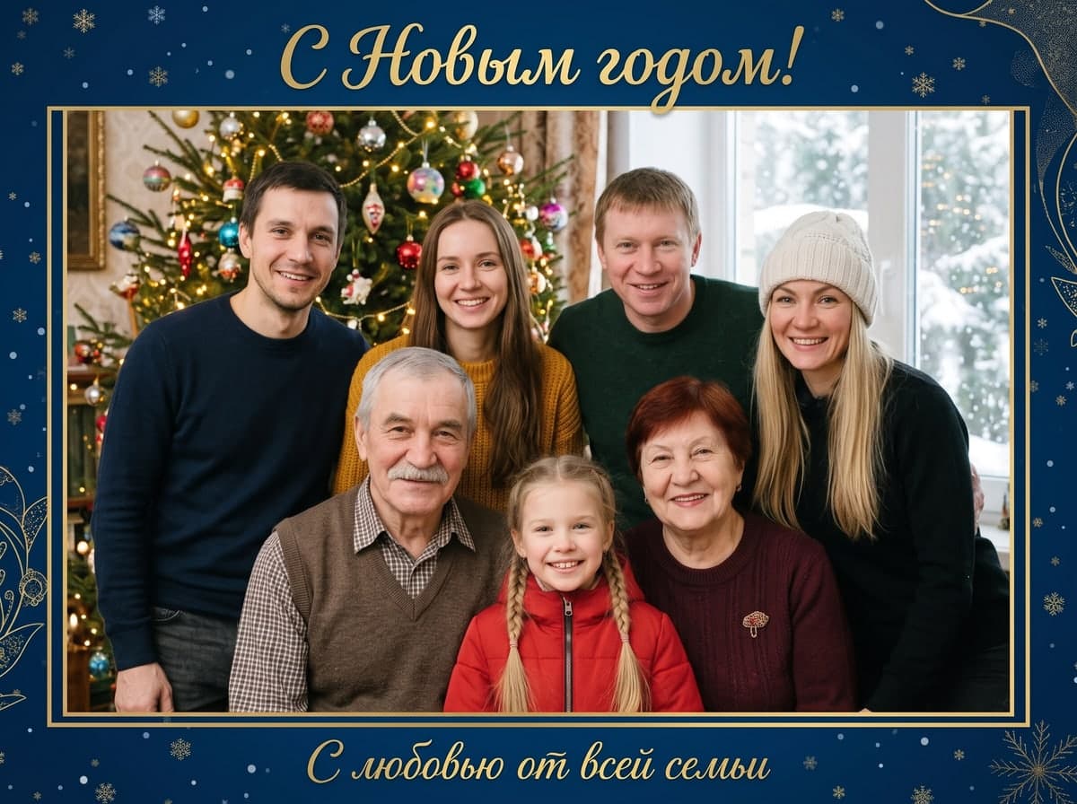 Russische Neujahrskarte, 7 Personen aus 3 Fotos