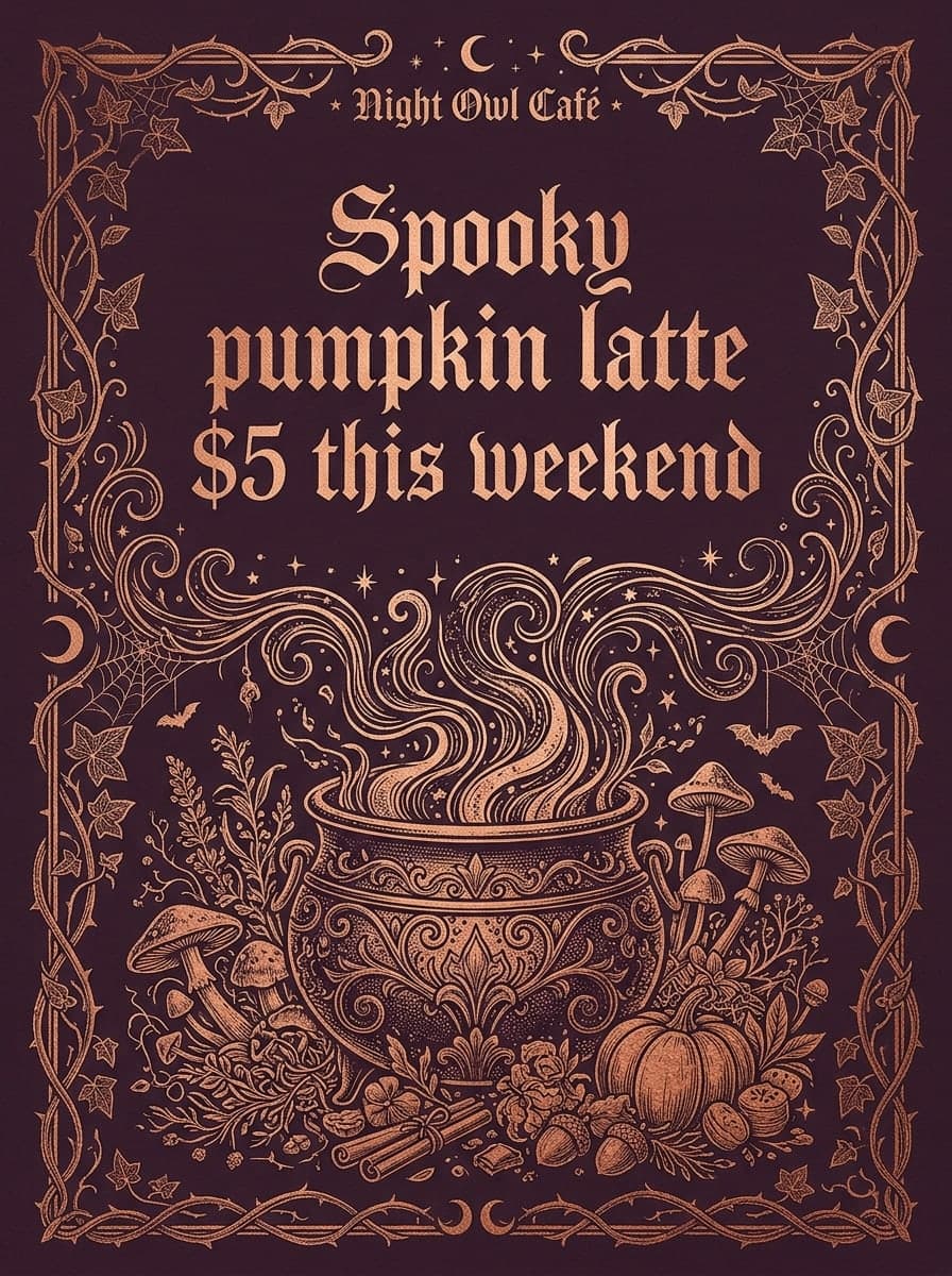 Spooky specials: “Night Owl Café” · “Spooky pumpkin latte $5 this weekend”