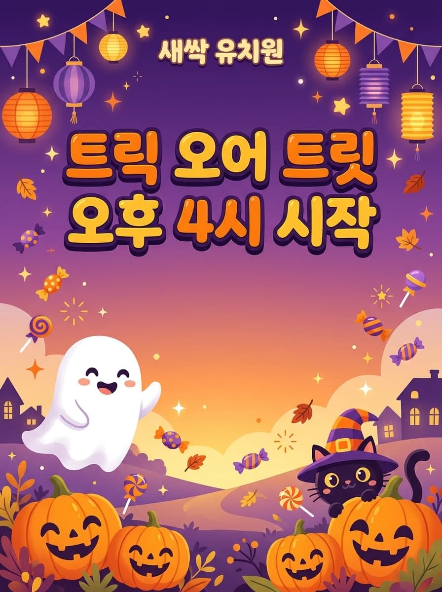 트릭 오어 트릿: “새싹 유치원” · “트릭 오어 트릿 오후 4시 시작”
