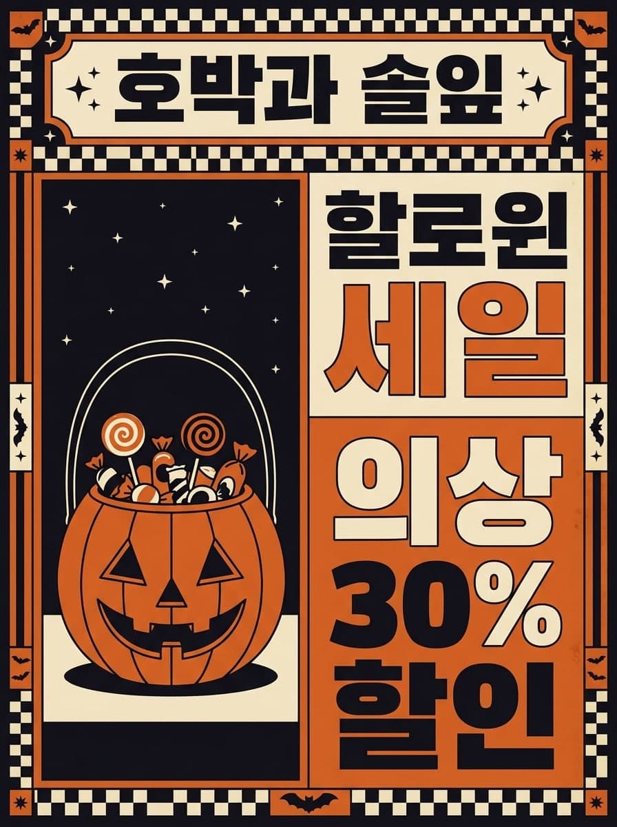 할로윈 세일: “호박과 솔잎” · “할로윈 세일 의상 30% 할인”