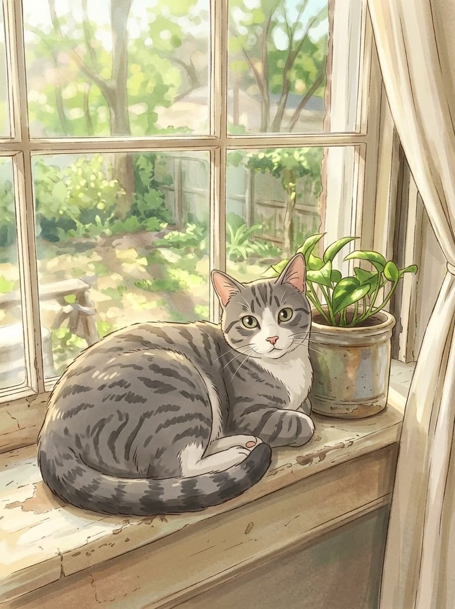 Chat à la fenêtre en anime aquarelle