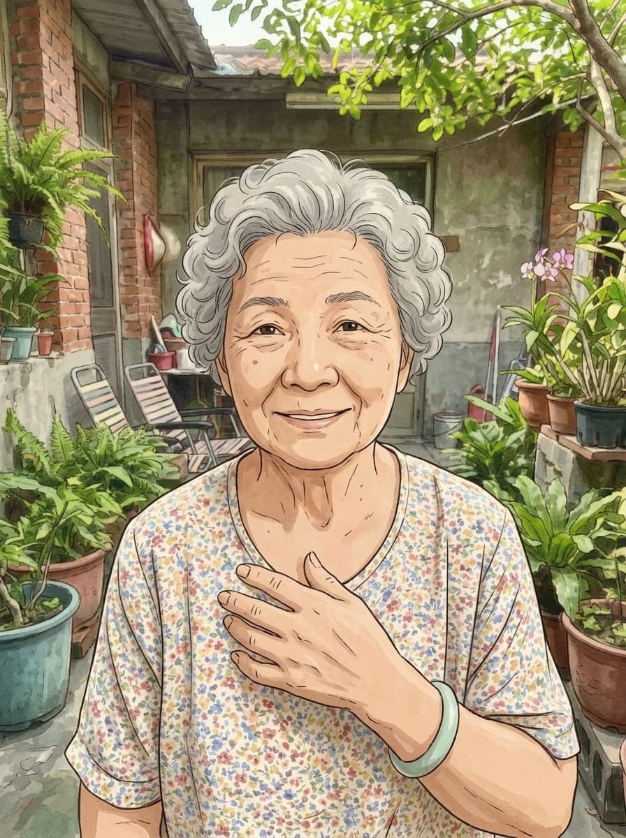 庭院裡的阿嬤變水彩動畫電影風