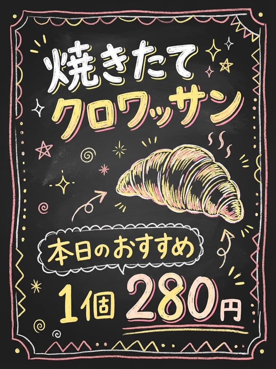 手書き黒板: 「焼きたてクロワッサン」 · 「本日のおすすめ 1個 280円」