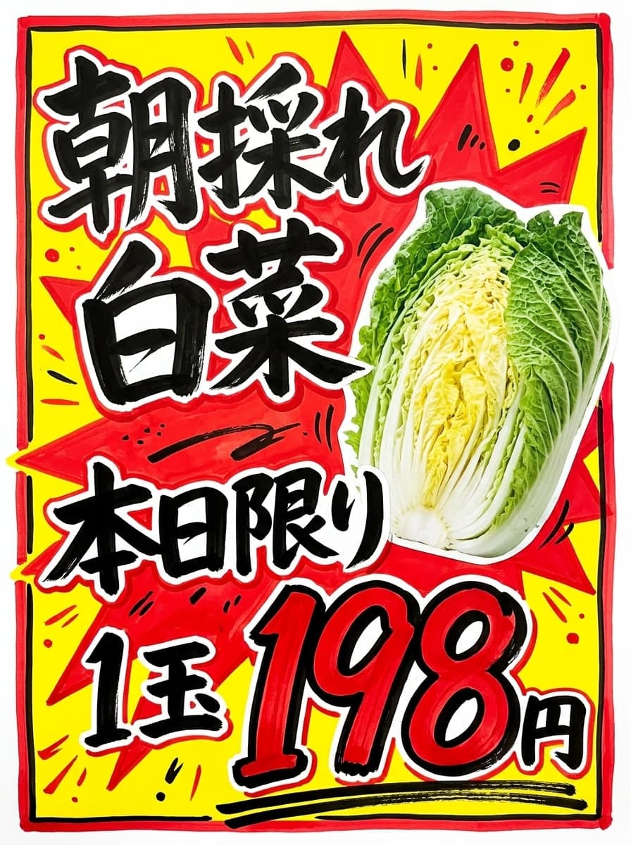 セール: 「朝採れ白菜」 · 「本日限り 1玉 198円」