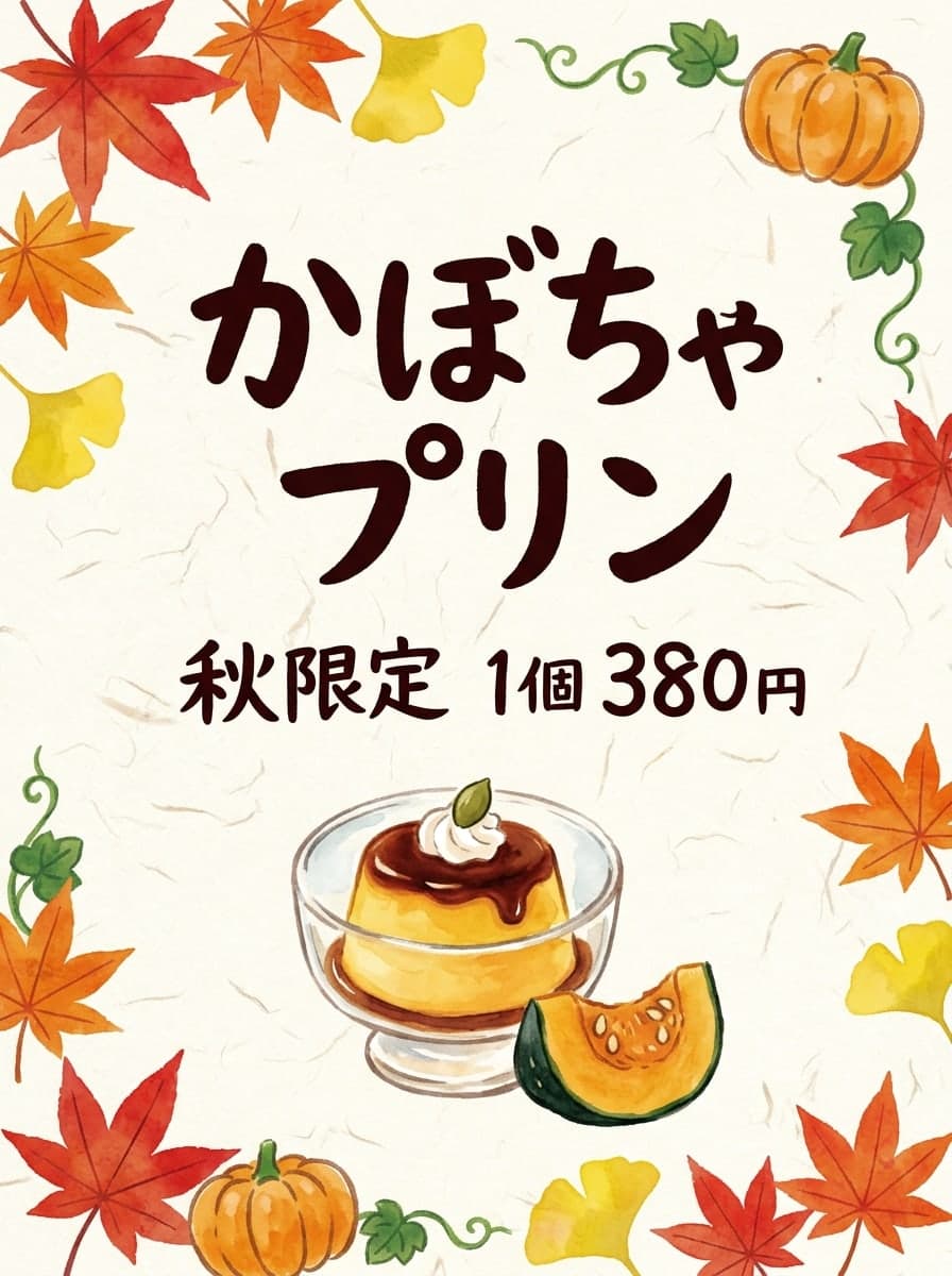 季節のPOP: 「かぼちゃプリン」 · 「秋限定 1個 380円」