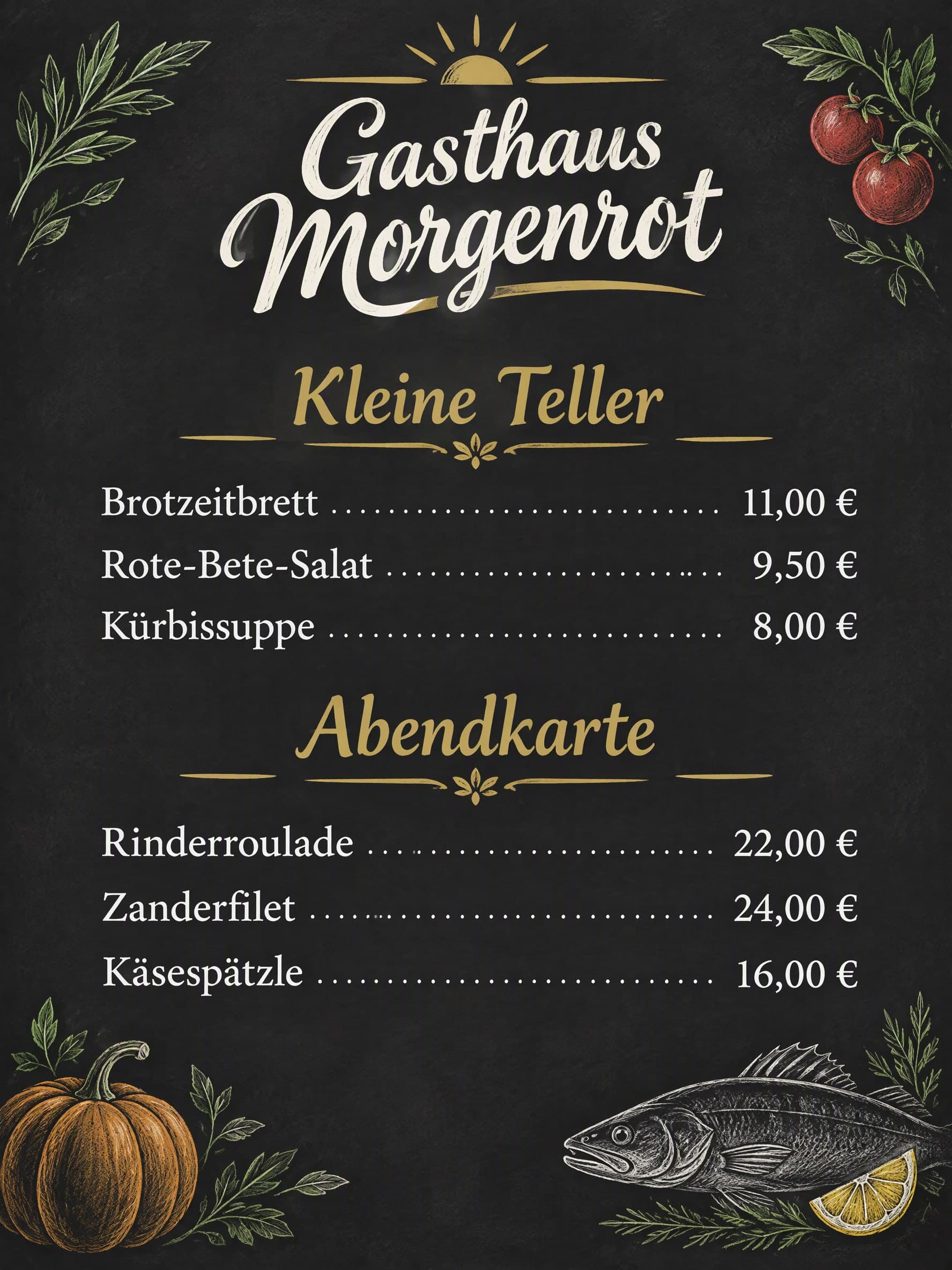 Tafel: Gasthaus Morgenrot · Kleine Teller: Brotzeitbrett 11,00 € · Rote-Bete-Salat 9,50 € · Kürbissuppe 8,00 € | Abendkarte: Rinderroulade 22,00 € · Zanderfilet 24,00 € · Käsespätzle 16,00 €