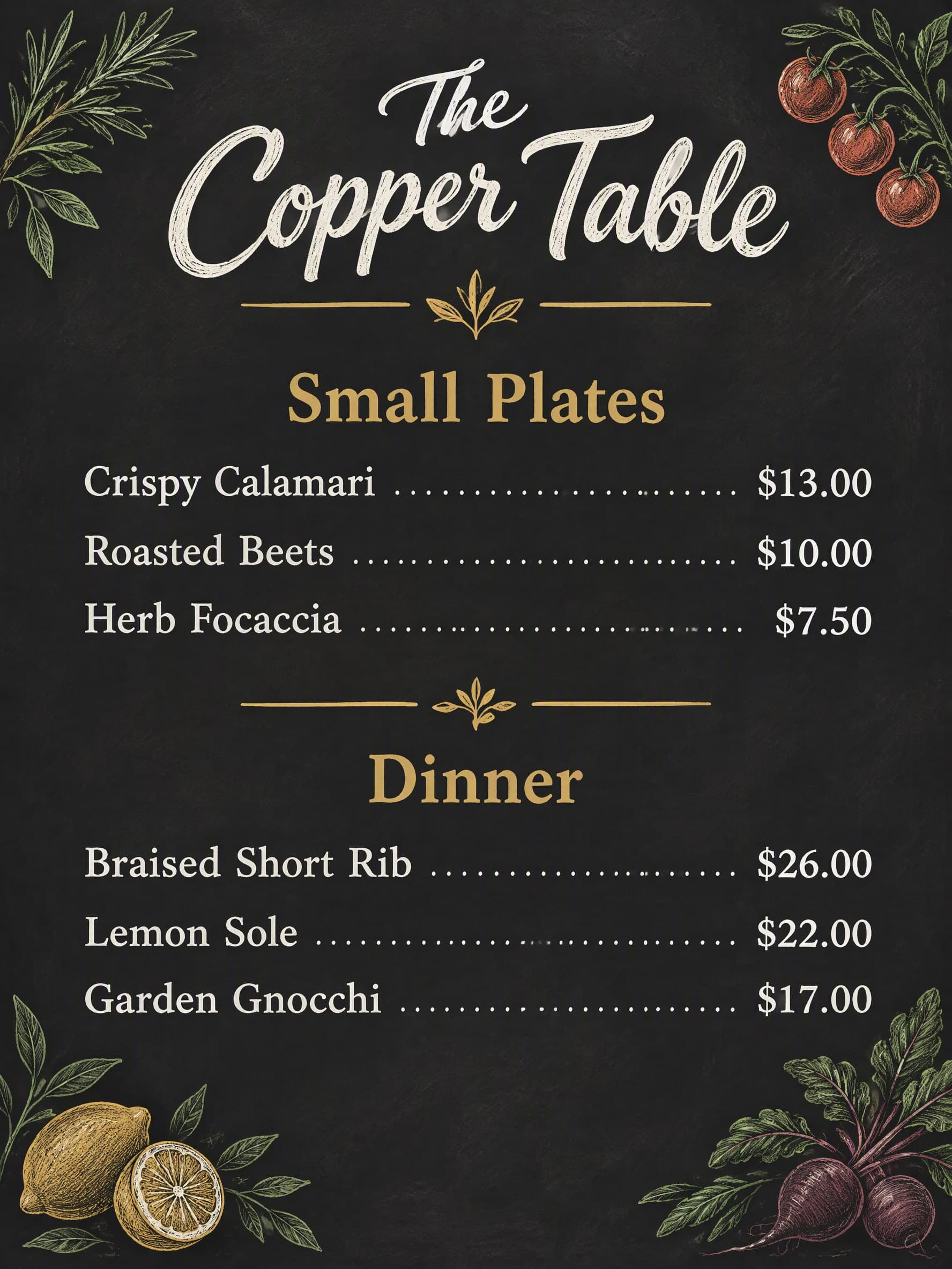 Chalkboard: The Copper Table · Small Plates: Crispy Calamari $13.00 · Roasted Beets $10.00 · Herb Focaccia $7.50 | Dinner: Braised Short Rib $26.00 · Lemon Sole $22.00 · Garden Gnocchi $17.00